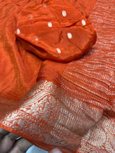 Load image into Gallery viewer, Symmetrical Orange Color Pure Viscose Chinnon Zari Jacquard Weaving Work Saree With Embrocation Blouse Piece