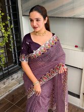 Load image into Gallery viewer, Imaginative Party Wear Cotton Satin Bandhej Print n Embroidered Work With Zari Border Fancy Saree