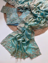 Load image into Gallery viewer, Glossy Wedding Wear Silk Embroidery n Sequence Work Arco Border Saree With Stitched Blouse
