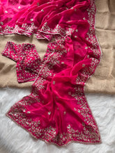 Load image into Gallery viewer, Glossy Wedding Wear Silk Embroidery n Sequence Work Arco Border Saree With Stitched Blouse