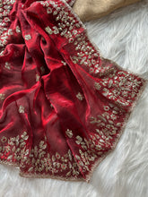 Load image into Gallery viewer, Glossy Wedding Wear Silk Embroidery n Sequence Work Arco Border Saree With Stitched Blouse