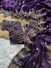 Load image into Gallery viewer, Glossy Wedding Wear Silk Embroidery n Sequence Work Arco Border Saree With Stitched Blouse