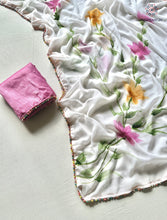 Load image into Gallery viewer, Florescences White Color Chiffon Floral Handbrush Print With Foil n Moti Lace Work Fancy Designer Saree