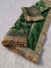 Load image into Gallery viewer, Redolent Wedding Wear Green Color Soft Banarasi Silk Jacquard Zari Weaving With Lace Border Work Fancy Designer Saree
