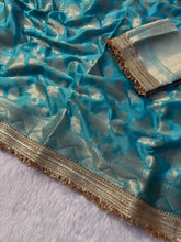 Load image into Gallery viewer, Delightful Wedding Wear Sky Blue Color Soft Banarasi Silk Jacquard Zari Weaving With Lace Border Work Fancy Designer Saree