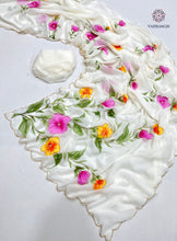 Load image into Gallery viewer, New Wedding Wear White Color Georgette Handbrush Print n Handwork Fancy Designer Saree With Blouse