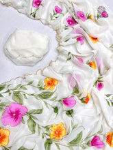 Load image into Gallery viewer, New Wedding Wear White Color Georgette Handbrush Print n Handwork Fancy Designer Saree With Blouse