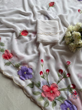 Load image into Gallery viewer, Attractive New White Colour Soft Pure Georgette Handbrush Flower n Handwork Fancy Designer Saree With Blouse