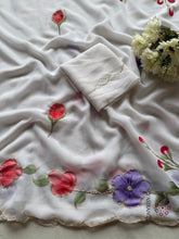 Load image into Gallery viewer, Attractive New White Colour Soft Pure Georgette Handbrush Flower n Handwork Fancy Designer Saree With Blouse