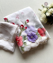 Load image into Gallery viewer, Attractive New White Colour Soft Pure Georgette Handbrush Flower n Handwork Fancy Designer Saree With Blouse