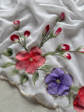 Load image into Gallery viewer, Attractive New White Colour Soft Pure Georgette Handbrush Flower n Handwork Fancy Designer Saree With Blouse