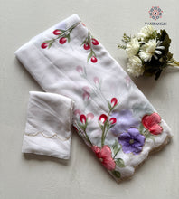 Load image into Gallery viewer, Attractive New White Colour Soft Pure Georgette Handbrush Flower n Handwork Fancy Designer Saree With Blouse