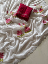 Load image into Gallery viewer, Beautiful Partywear White Colour Soft Georgette Handbrush Print With Siroski Cut Work Fancy Designer Saree