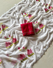 Load image into Gallery viewer, Beautiful Partywear White Colour Soft Georgette Handbrush Print With Siroski Cut Work Fancy Designer Saree