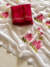 Load image into Gallery viewer, Beautiful Partywear White Colour Soft Georgette Handbrush Print With Siroski Cut Work Fancy Designer Saree