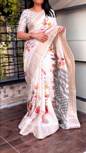 Load image into Gallery viewer, New Off White Cotton Silk Jacquard Weaving Border With Hand Print Work Fancy Desginer Wedding Wear Saree