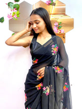 Load image into Gallery viewer, New Party Wear Black Color Chiffon Embroidery With Tussels Work Designer Saree With Blouse