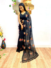 Load image into Gallery viewer, New Party Wear Black Color Chiffon Embroidery With Tussels Work Designer Saree With Blouse