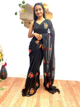 Load image into Gallery viewer, New Party Wear Black Color Chiffon Embroidery With Tussels Work Designer Saree With Blouse