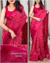 Load image into Gallery viewer, New Kalamkari Print Saree With Sequin & Zari Boder & Tussles in Pallu With Printed Blouse