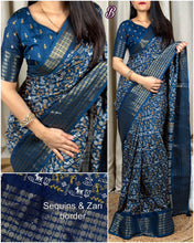 Load image into Gallery viewer, New Kalamkari Print Saree With Sequin & Zari Boder & Tussles in Pallu With Printed Blouse