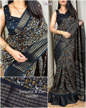 Load image into Gallery viewer, New Kalamkari Print Saree With Sequin & Zari Boder & Tussles in Pallu With Printed Blouse