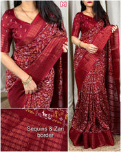 Load image into Gallery viewer, New Kalamkari Print Saree With Sequin & Zari Boder & Tussles in Pallu With Printed Blouse