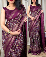 Load image into Gallery viewer, New Soft Denting Cotton Kalamkari Print Zari Border Tussles Work Printed Saree