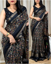 Load image into Gallery viewer, New Soft Denting Cotton Kalamkari Print Zari Border Tussles Work Printed Saree