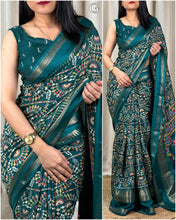 Load image into Gallery viewer, New Soft Denting Cotton Kalamkari Print Zari Border Tussles Work Printed Saree