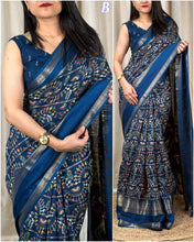 Load image into Gallery viewer, New Soft Denting Cotton Kalamkari Print Zari Border Tussles Work Printed Saree