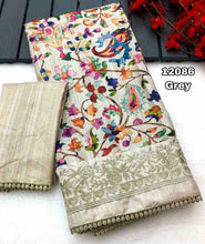 Load image into Gallery viewer, New Function wear Handloom Tussar Silk Print With Embroidery n Lace Border Work Fancy Designer Saree