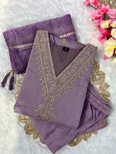 Load image into Gallery viewer, New Wedding Wear Lavender Color Roman Silk Embroidery Work Designer Straight Kurta With Trouser n Dupatta Set