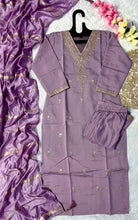 Load image into Gallery viewer, New Wedding Wear Lavender Color Roman Silk Embroidery Work Designer Straight Kurta With Trouser n Dupatta Set