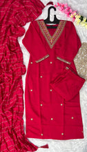 Load image into Gallery viewer, New Wedding Wear Red Color Roman Silk Embroidery Work Designer Straight Kurta With Trouser n Dupatta Set