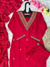 Load image into Gallery viewer, New Wedding Wear Red Color Roman Silk Embroidery Work Designer Straight Kurta With Trouser n Dupatta Set