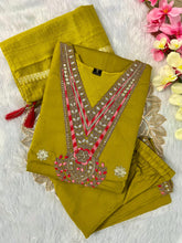 Load image into Gallery viewer, New Wedding Wear Dark Mustard Color Roman Silk Embroidery Work Designer Straight Kurta With Trouser n Dupatta Set