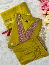 Load image into Gallery viewer, New Wedding Wear Dark Mustard Color Roman Silk Embroidery Work Designer Straight Kurta With Trouser n Dupatta Set