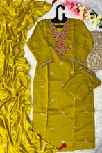 Load image into Gallery viewer, New Wedding Wear Dark Mustard Color Roman Silk Embroidery Work Designer Straight Kurta With Trouser n Dupatta Set