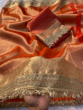 Load image into Gallery viewer, New Orange Color Banarasi Tissue Silk Jacquard n Lace Work Fancy Designer Partywear Saree