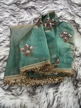 Load image into Gallery viewer, New Partywear Rich Silk Sea Green Color Designer Lace Work Fancy Saree With Embroidered Unstitched Blouse Piece