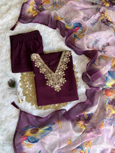 Load image into Gallery viewer, New Function Wear Wine Color Roman Silk Embroidery n Sequence Work Designer Straight Kurta With Trouser n Dupatta Set