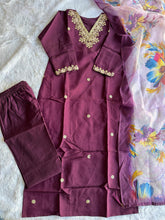 Load image into Gallery viewer, New Function Wear Wine Color Roman Silk Embroidery n Sequence Work Designer Straight Kurta With Trouser n Dupatta Set