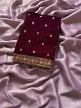 Load image into Gallery viewer, Latest Partywear Moss Chiffon Fancy Designer Saree With Velvet Embroidered Work Blouse