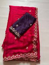 Load image into Gallery viewer, New Partywear Satin Chiffon Embroidery n Diamond Work Fancy Designer Saree With Blouse