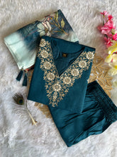 Load image into Gallery viewer, New Wedding Wear Teal Blue Color Roman Silk Embroidery n Sequence Work Designer Straight Kurta With Trouser n Dupatta Set