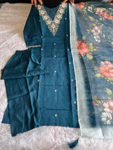 Load image into Gallery viewer, New Wedding Wear Teal Blue Color Roman Silk Embroidery n Sequence Work Designer Straight Kurta With Trouser n Dupatta Set