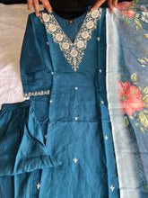 Load image into Gallery viewer, New Wedding Wear Teal Blue Color Roman Silk Embroidery n Sequence Work Designer Straight Kurta With Trouser n Dupatta Set