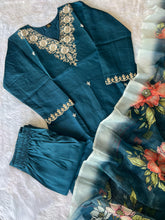 Load image into Gallery viewer, New Wedding Wear Teal Blue Color Roman Silk Embroidery n Sequence Work Designer Straight Kurta With Trouser n Dupatta Set