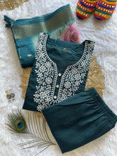 Load image into Gallery viewer, New Wedding Wear Teal Blue Color Roman Silk Embroidery n Sequence Work Designer Straight Kurta With Trouser n Dupatta Set